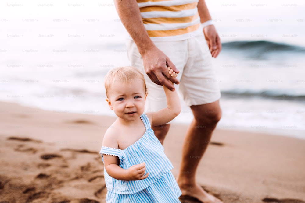 夏休みに浜辺を歩くよちよち歩きの女の子と父親の中央部。