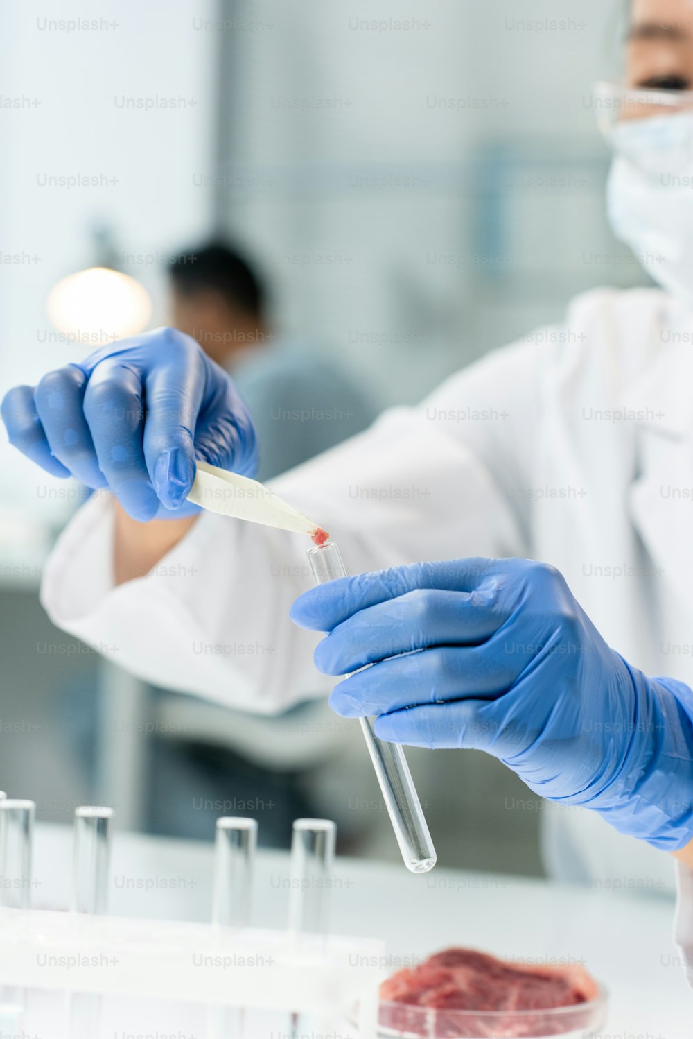 Mãos enluvadas de pesquisador contemporâneo colocando pequena amostra de carne vegetal crua em frasco durante experimento em laboratório