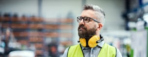 Technician or engineer with protective headphones standing in industrial factory. Copy space.