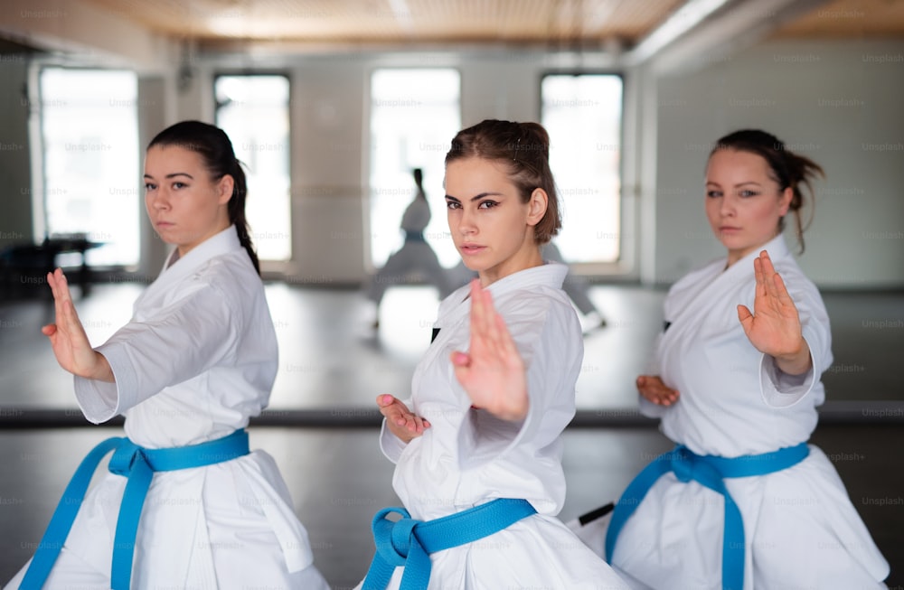 Un gruppo di giovani donne che praticano karate al chiuso in palestra.