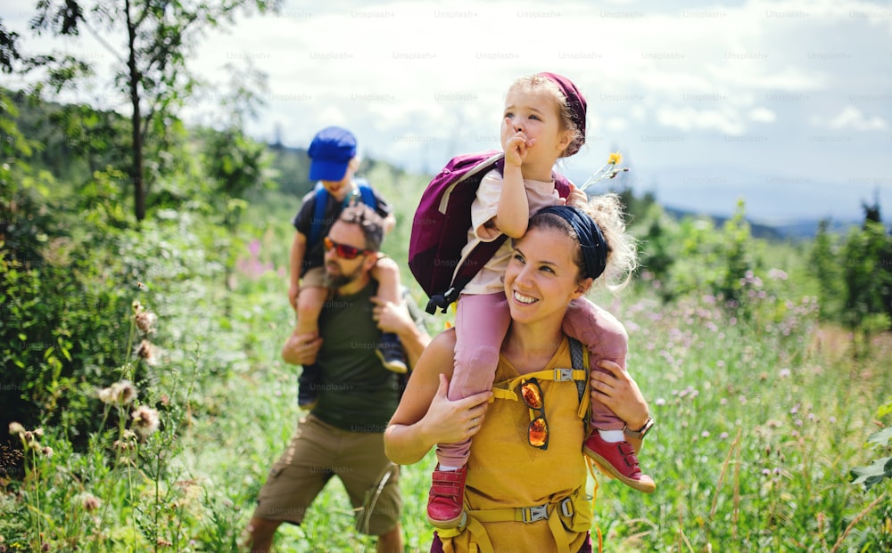 夏の自然の中で屋外でハイキングをする小さな子供連れの家族の正面図。