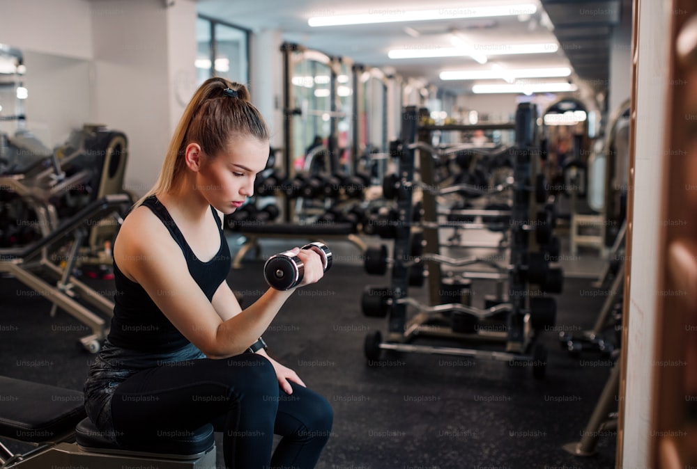 A young girl or woman with dumbbells, doing workout in a gym.