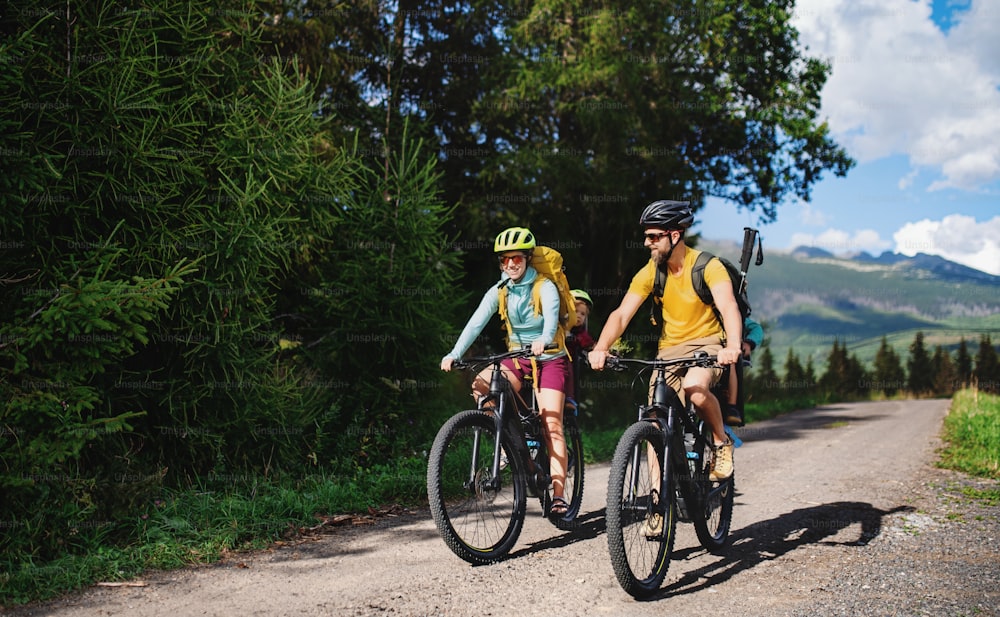 Happy family with small children cycling outdoors in summer nature, High Tatras in Slovakia.