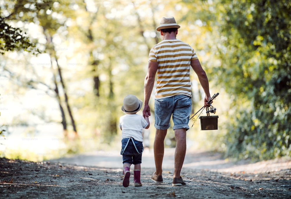Vue arrière d’un père avec un petit garçon en bas âge marchant sur un chemin dans le bois, allant à la pêche.