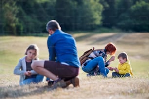 A group of small school children with teacher on field trip in nature.