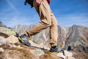 Legs of unrecognizable man hiking in mountains in summer, midsection.