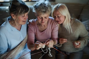 A high angle view of happy senior friends having fun knitting together indoors at home.