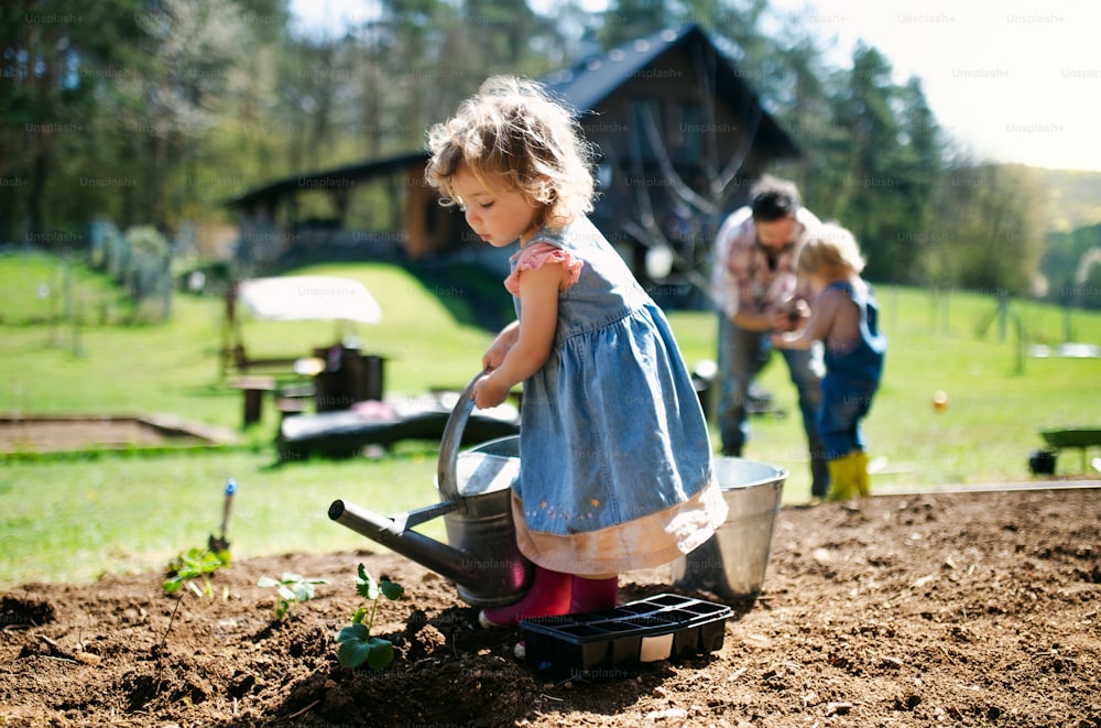 Niña pequeña con familia regando al aire libre en jardín, jardinería y concepto de estilo de vida sostenible.