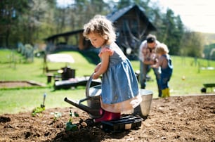 Small girl with family watering outdoors in garden, gardening and sustainable lifestyle concept.