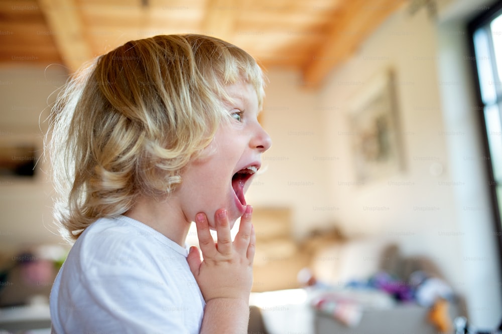 Side view portrait of small boy with open mouth indoor at home.