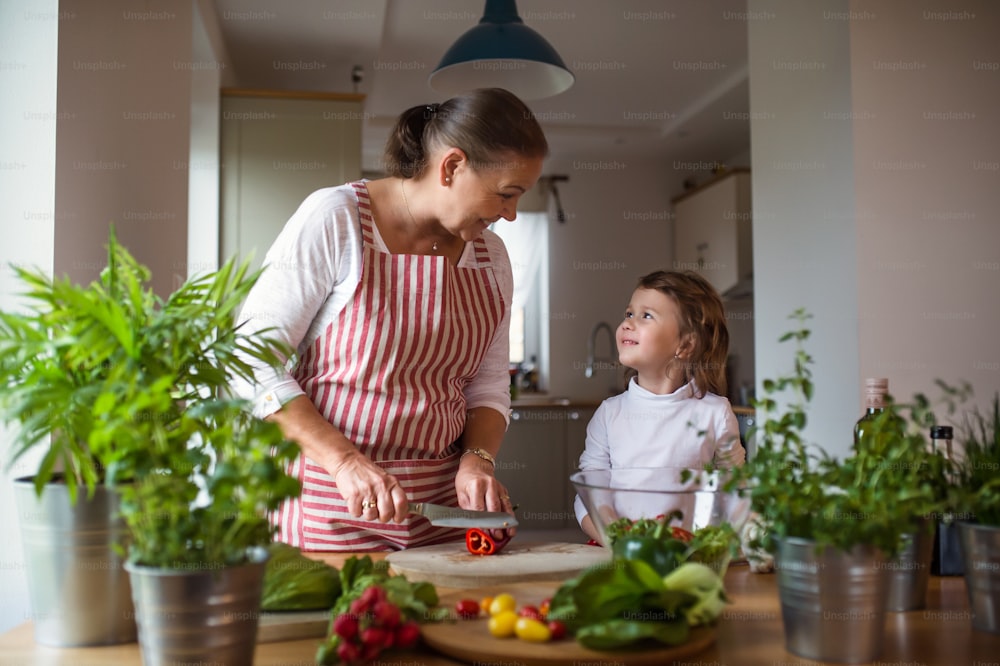 Menina pequena com avó sênior na cozinha dentro de casa, se divertindo ao cozinhar.