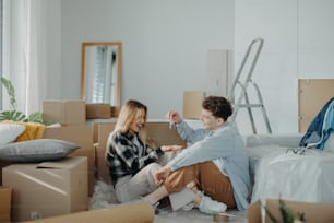 A cheerful young couple in their new apartment. Conception of moving.