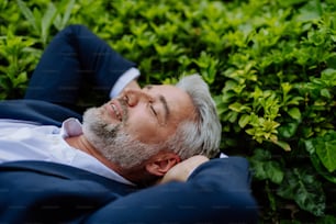 A mature businessman relaxing on bench in city park during break at work.