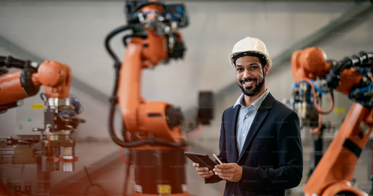 An automation engineer uses tablet for programming robotic arm in ...