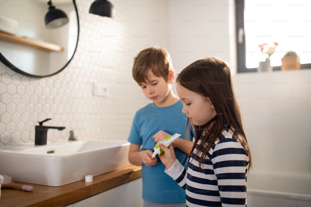 Little siblings brushing teeth in a bathroom, morning routine concept.