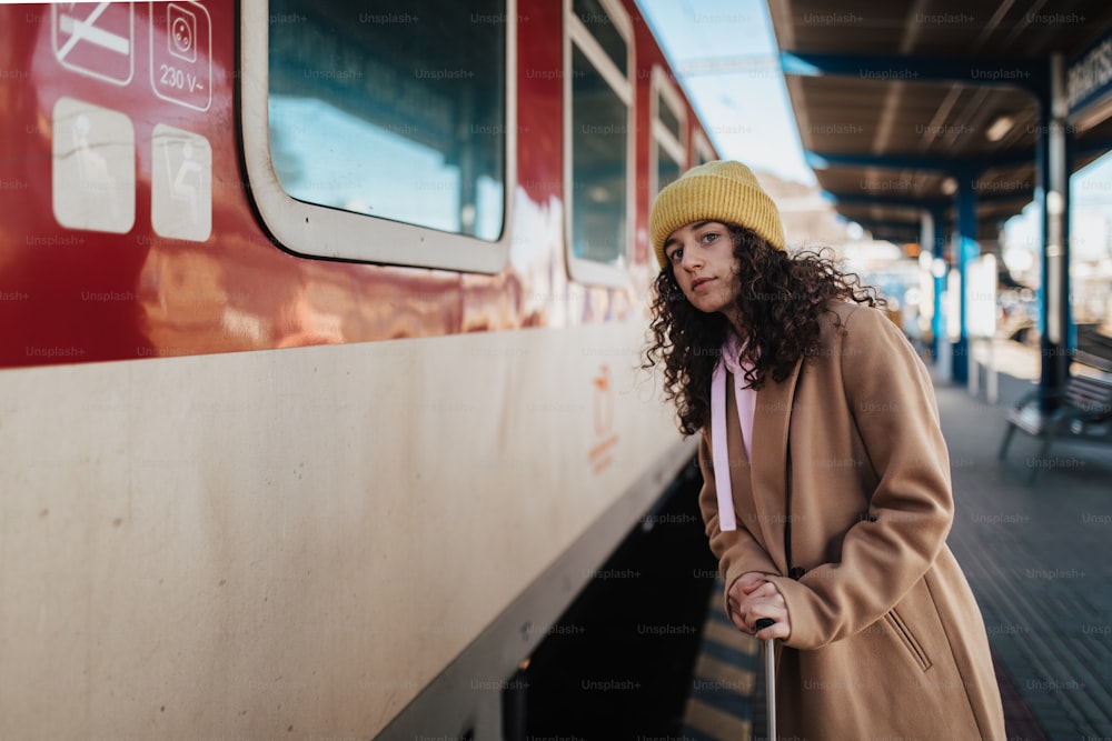 Uma mulher jovem do viajante com bagagem em pé na plataforma e entrando no trem