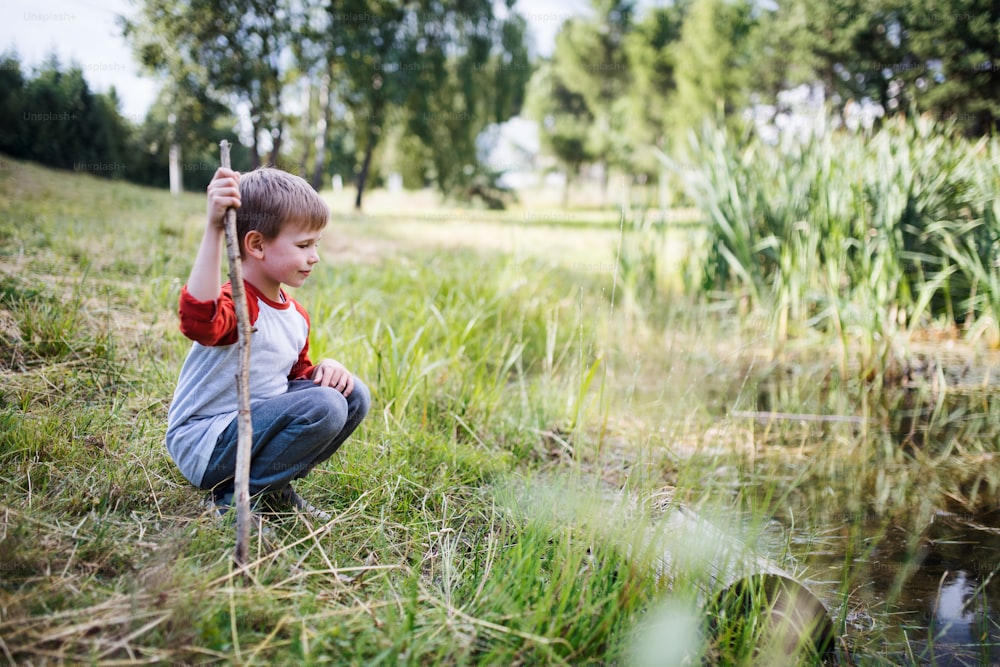 Side view portrait of school child on field trip in nature, looking at pond.