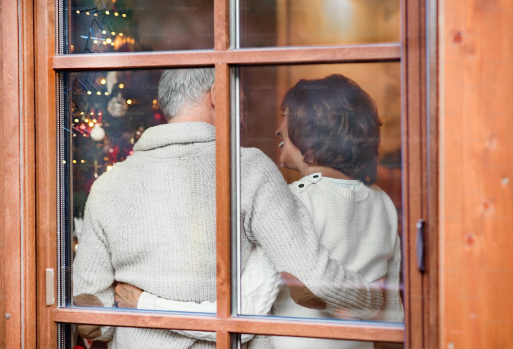 집에서 크리스마스 트리를 보고 있는 노부부. 창가에 서 있는 남자와 여자. 후면도. 유리를 통해 촬영했습니다.