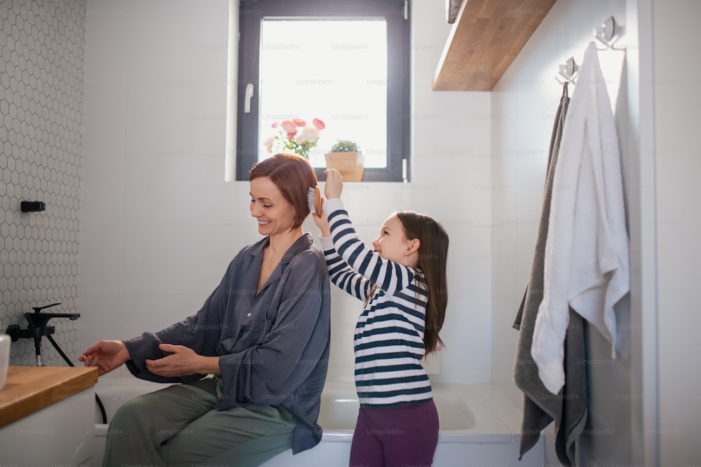 A little girl brushing her mother's hair in bathroom, daily routine concept.