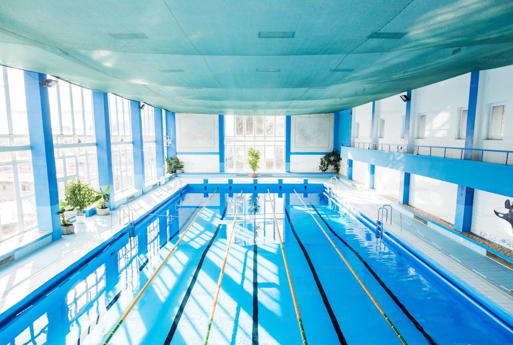 An interior of an indoor public swimming pool. High angle view.