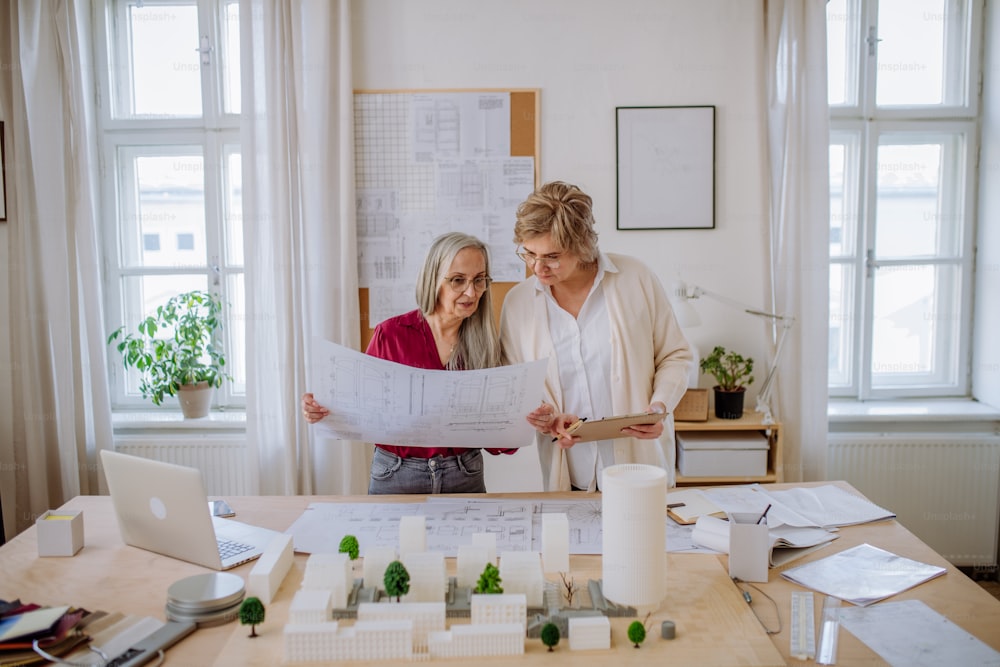 Des femmes d’âge mûr éco-architectes avec un modèle de bâtiments modernes et des plans travaillant ensemble dans un bureau.