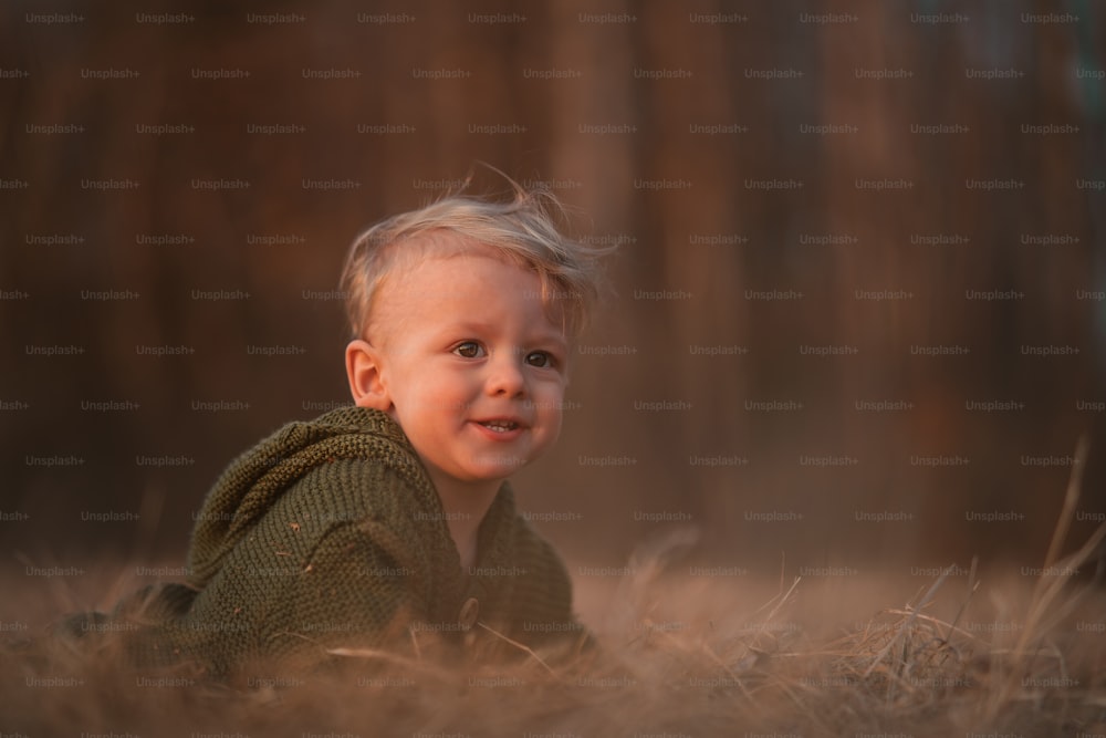 Ein Herbstporträt eines glücklichen kleinen Jungen im Strickpullover, der im trockenen Gras in der Natur sitzt und spielt.