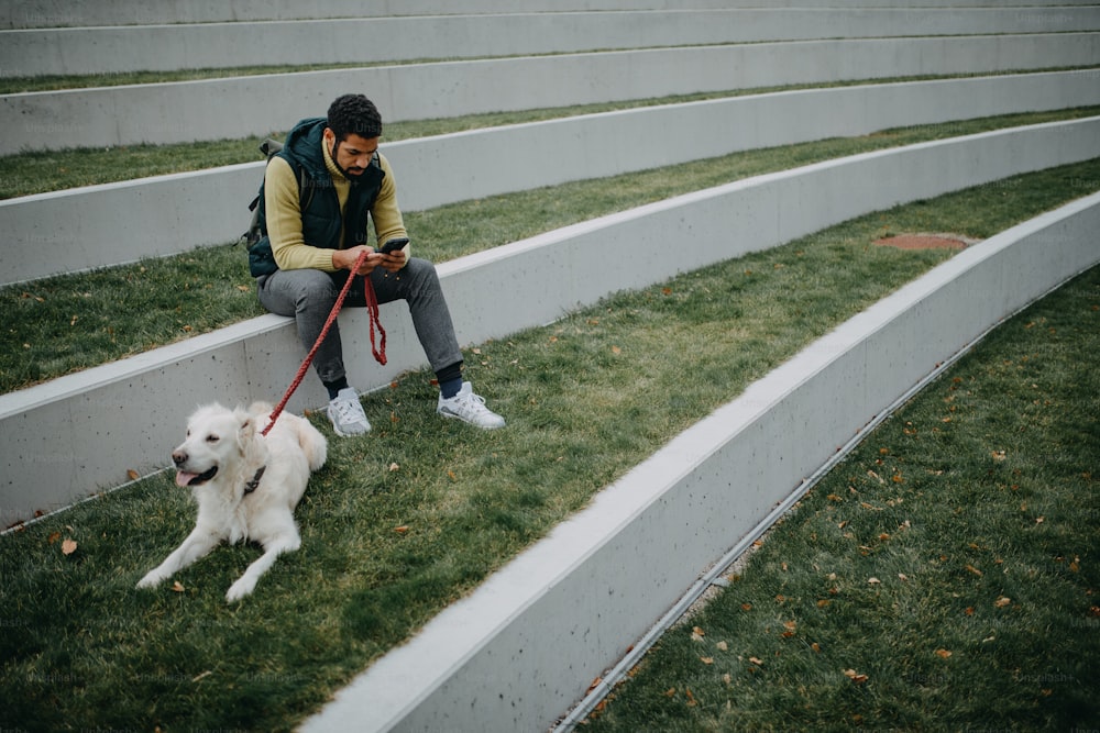 Ein glücklicher junger Mann, der auf Gras sitzt und mit seinem Hund draußen in der Stadt sein Smartphone benutzt.