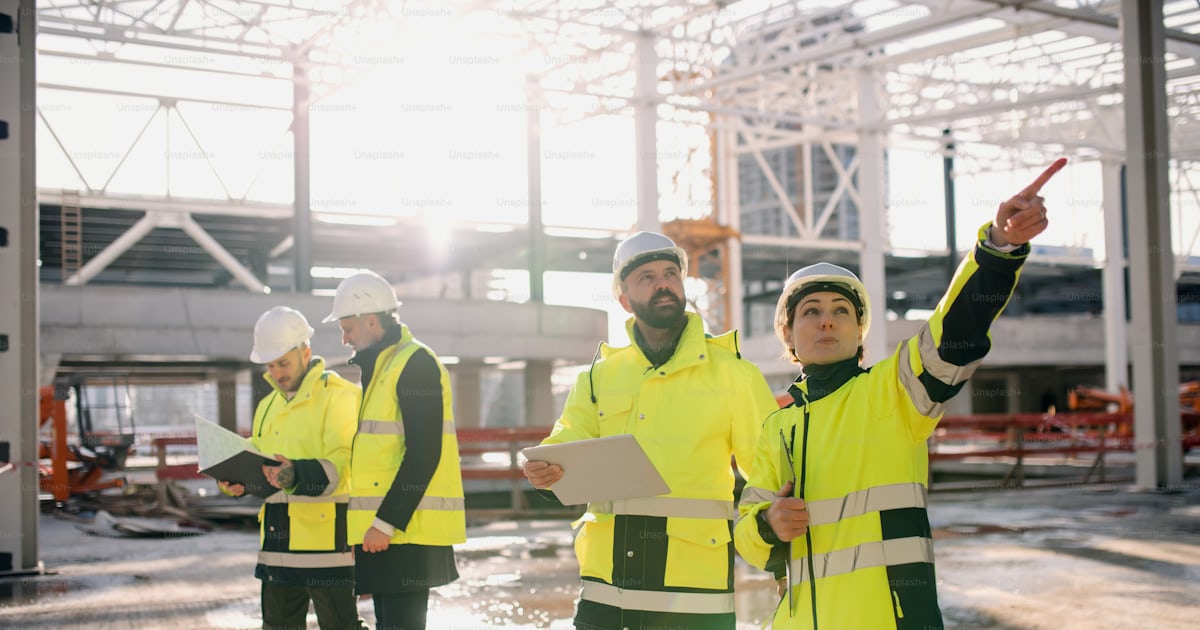 A group of engineers standing outdoors on construction site, working ...