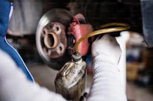 Unrecognizable man mechanic repairing a car in a garage.