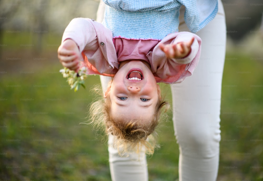Unrecognizable mother holding cheerful small daughter upside down outdoors in spring nature.