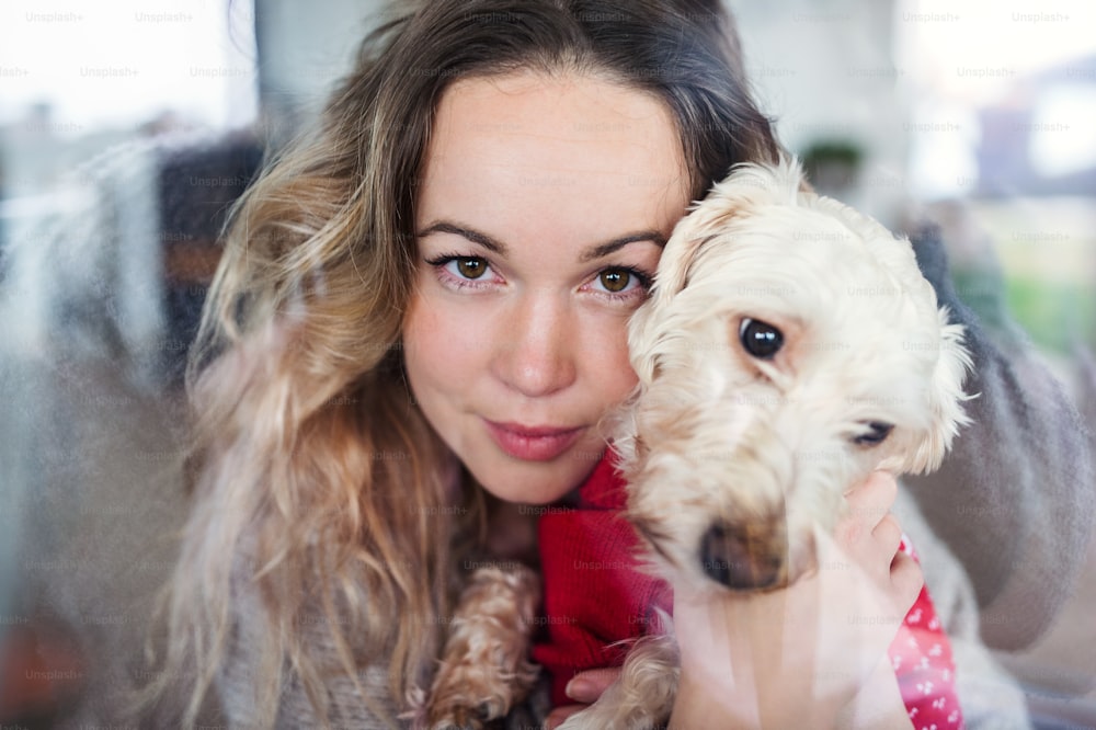 ペットの犬と一緒に自宅で屋内でリラックスしている若い女性。ガラス越しに撮影。