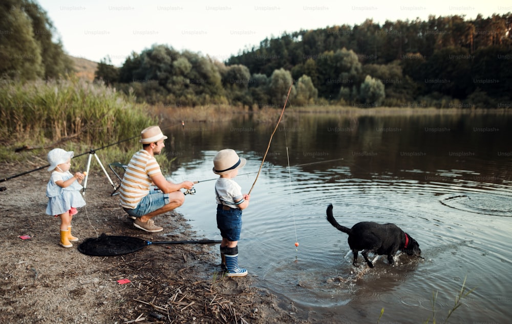 Um pai maduro com filhos pequenos e um cão pescando à beira de um rio ou lago.