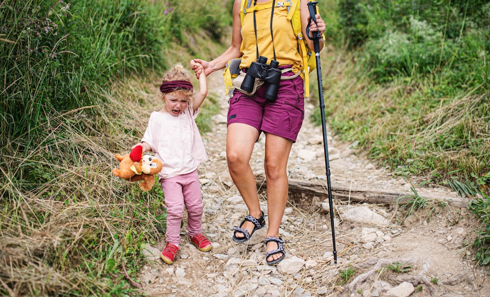 Midsection of unrecognizable mother with small crying daughter hiking outdoors in summer nature.