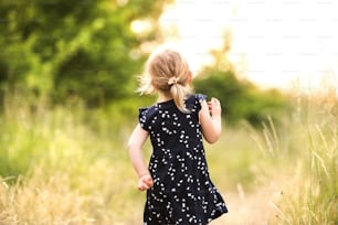 Cute little blonde girl in blue dress outside in in green sunny summer nature, rear view.