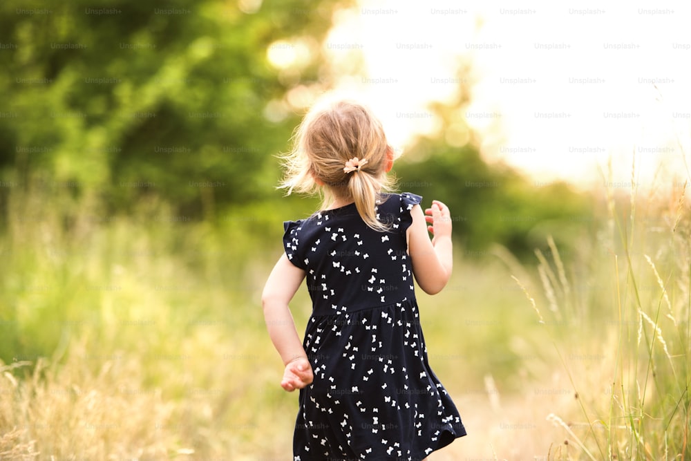 Cute little blonde girl in blue dress outside in in green sunny summer nature, rear view.