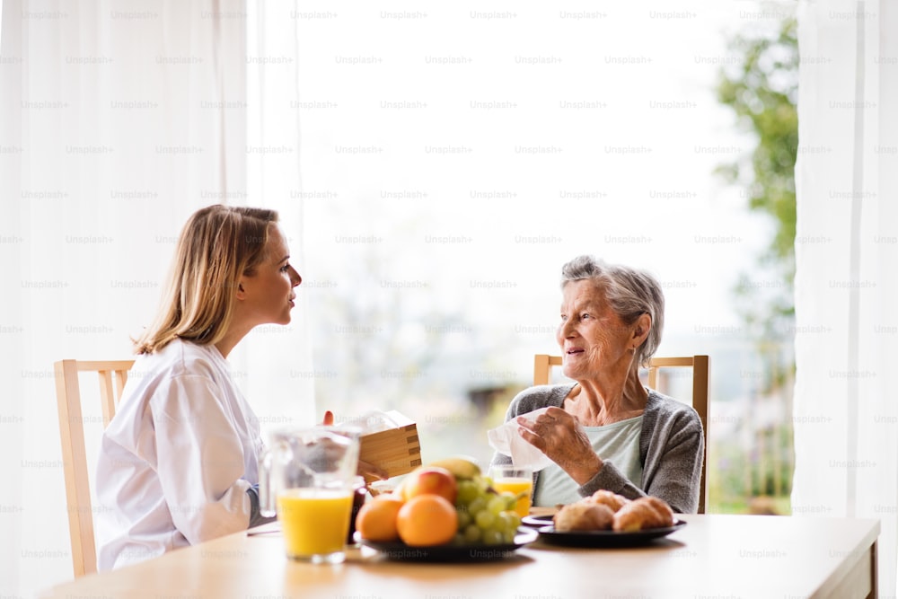 Visitador de salud y una mujer de la tercera edad durante la visita domiciliaria. Una enfermera y una anciana sentadas a la mesa, conversando.