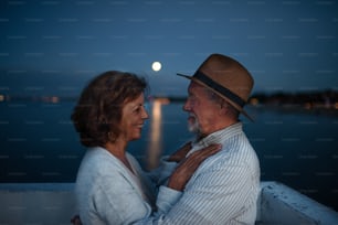 夕暮れ時の海辺の桟橋で抱き合い、見つめ合う幸せな老夫婦。
