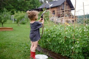 Side view of small girl working in vegetable garden, sustainable lifestyle concept.
