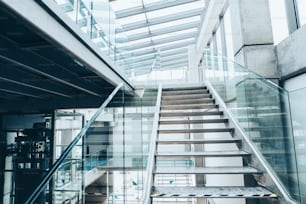 Colorful interior of a modern spacious library or office building with staircase.