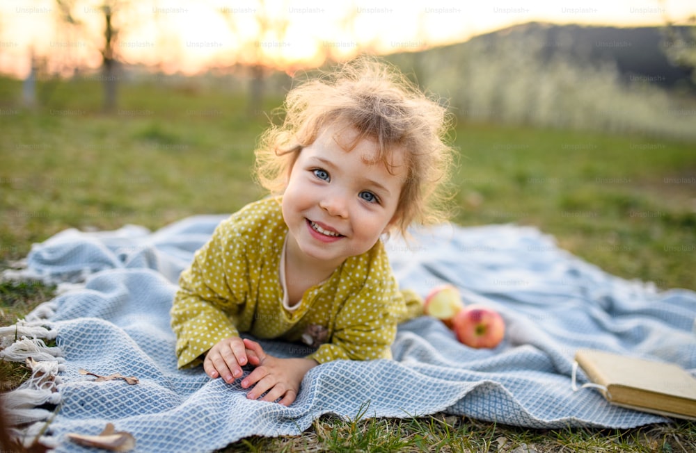 Front view portrait of small toddler girl outdoors on blanket in spring, looking at camera.