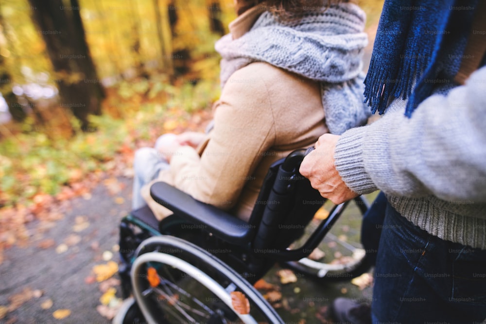 Unkenntliches älteres Paar bei einem Spaziergang in einer wunderschönen Herbstnatur. Ein Mann und eine Frau im Rollstuhl spazieren im Wald.