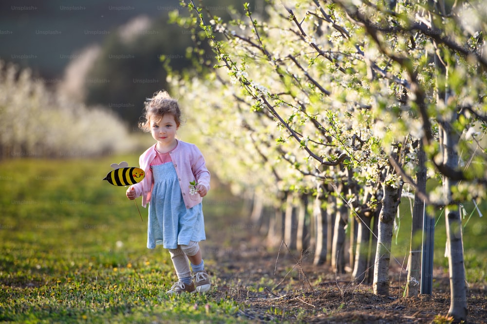 Side view of small toddler girl running outdoors in orchard in spring, holding paper bee.