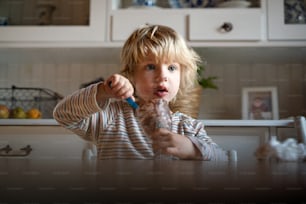 Portrait of small boy with dirty mouth indoors in kitchen at home, eating pudding.