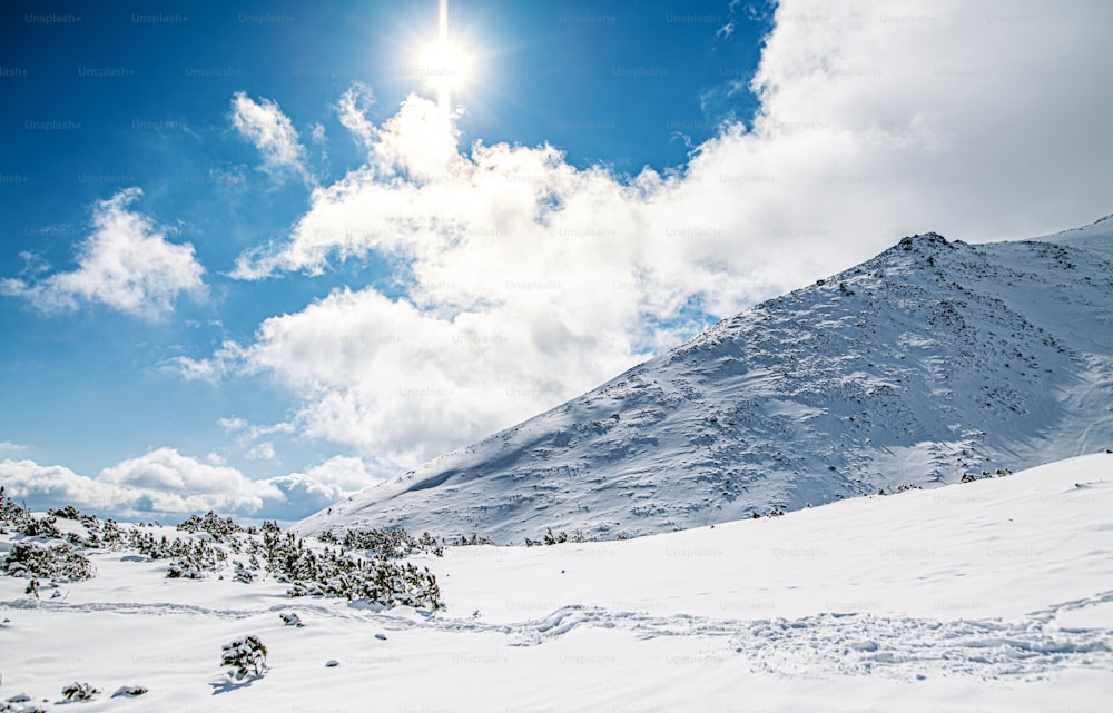 スロバキアのハイタトラの雪に覆われた丘のパノラマビュー。