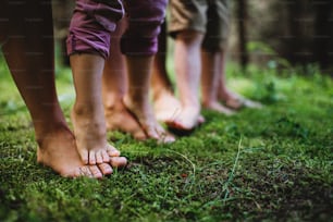 Pies descalzos de la familia con niños pequeños de pie descalzos al aire libre en la naturaleza, conexión a tierra y concepto de baño de bosque.