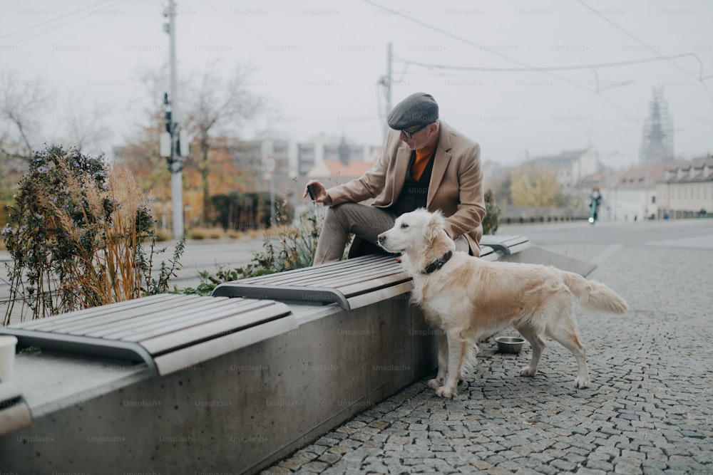 Ein glücklicher älterer Mann, der auf der Bank sitzt und ein Selfie mit seinem Hund im Freien in der Stadt macht.