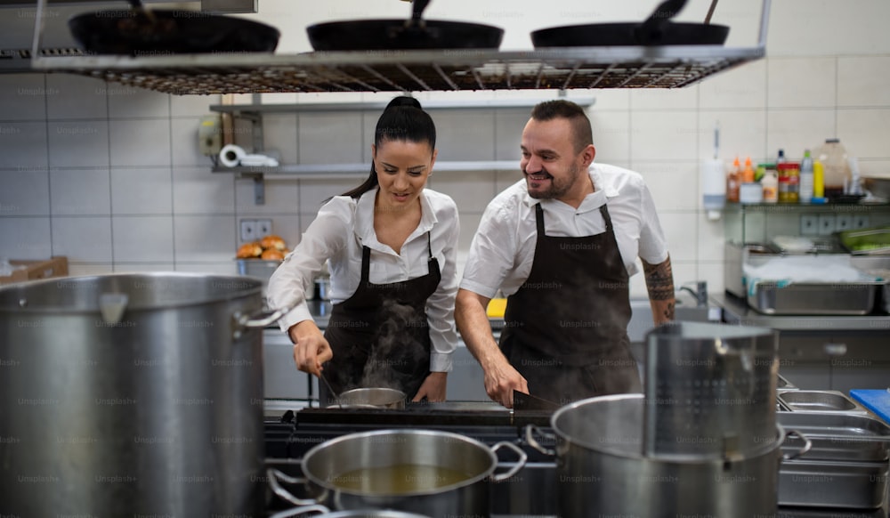 A chef and cook cooking together indoors in restaurant kitchen.