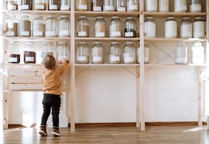 Una vista trasera de un niño pequeño de pie junto a un estante con frascos de vidrio con comestibles secos en una tienda de desperdicio cero.