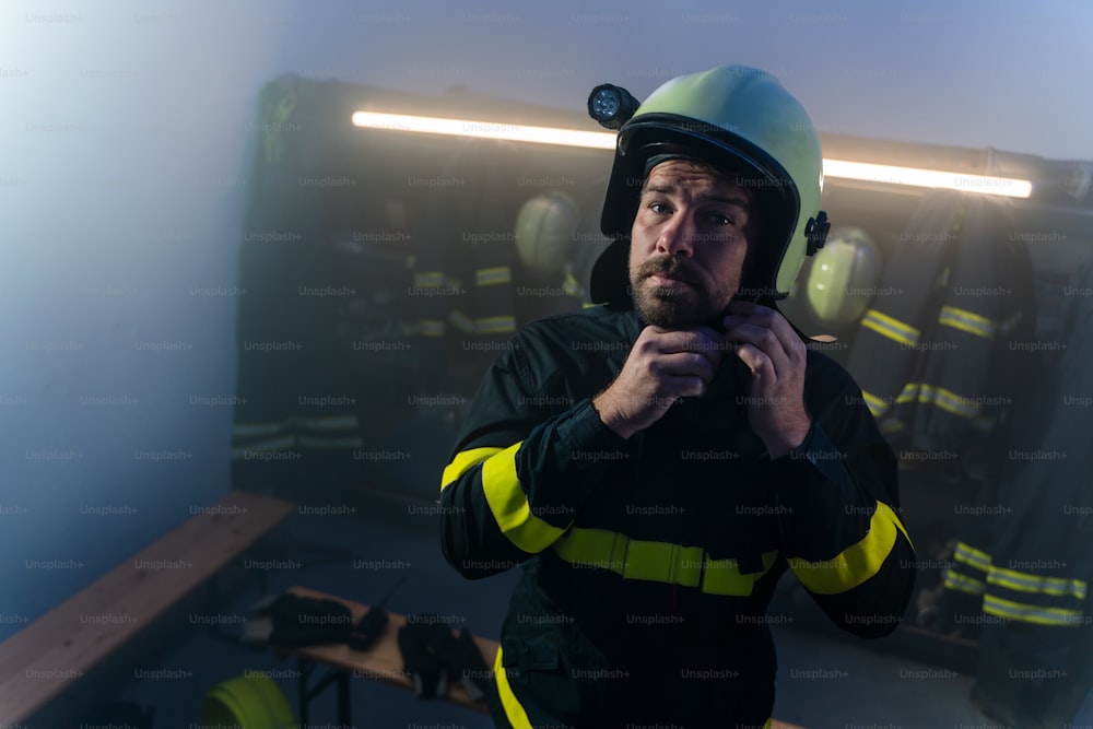 A mature firefighter preparing for action in fire station at night, looking at camera.