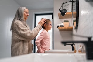 A senior grandmother and granddaughter standing indoors in bathroom, daily routine concept.